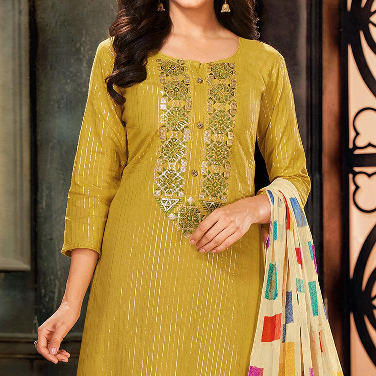 Ideal Mehendi Green Colored Partywear Embroidered Chanderi Dress Material - Peachmode
