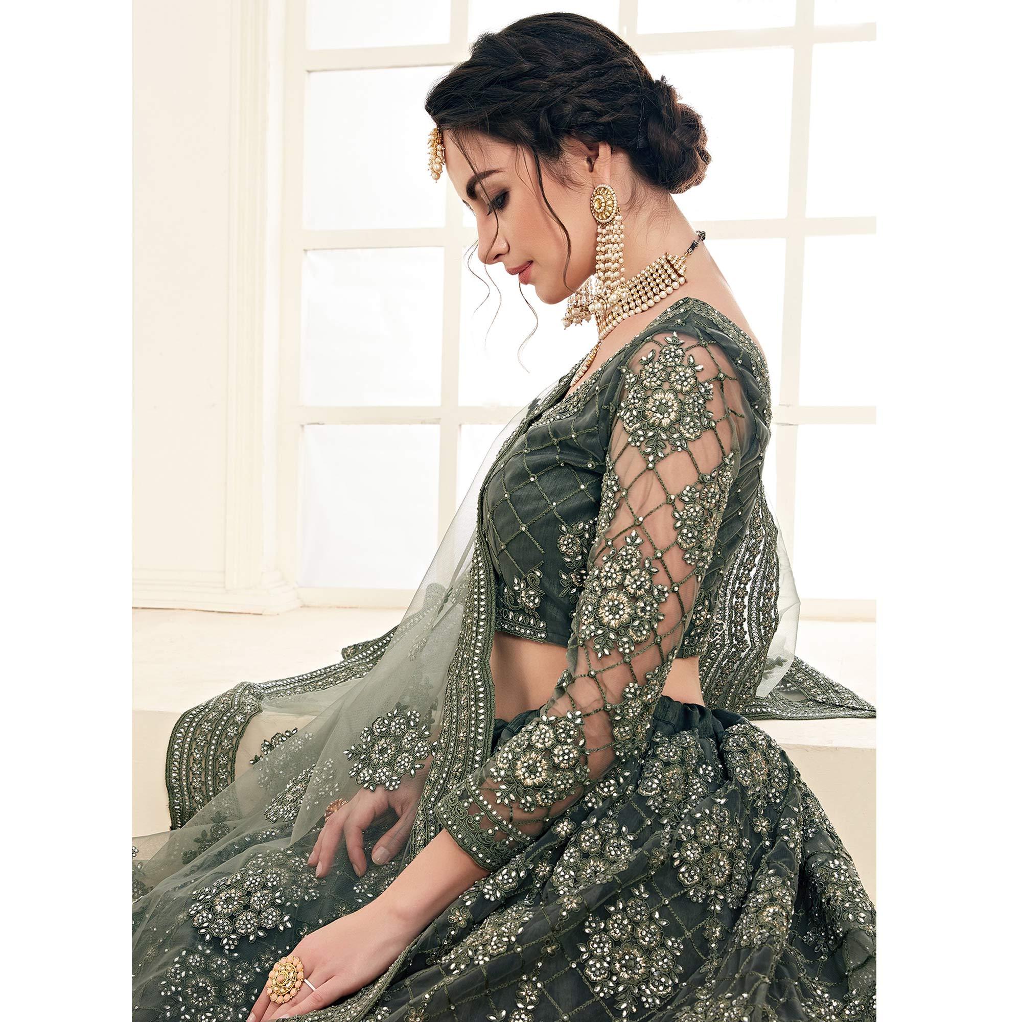 Ideal Mehndi Green Colored Cording Embroidery Wedding Wear Net Lehenga Choli - Peachmode