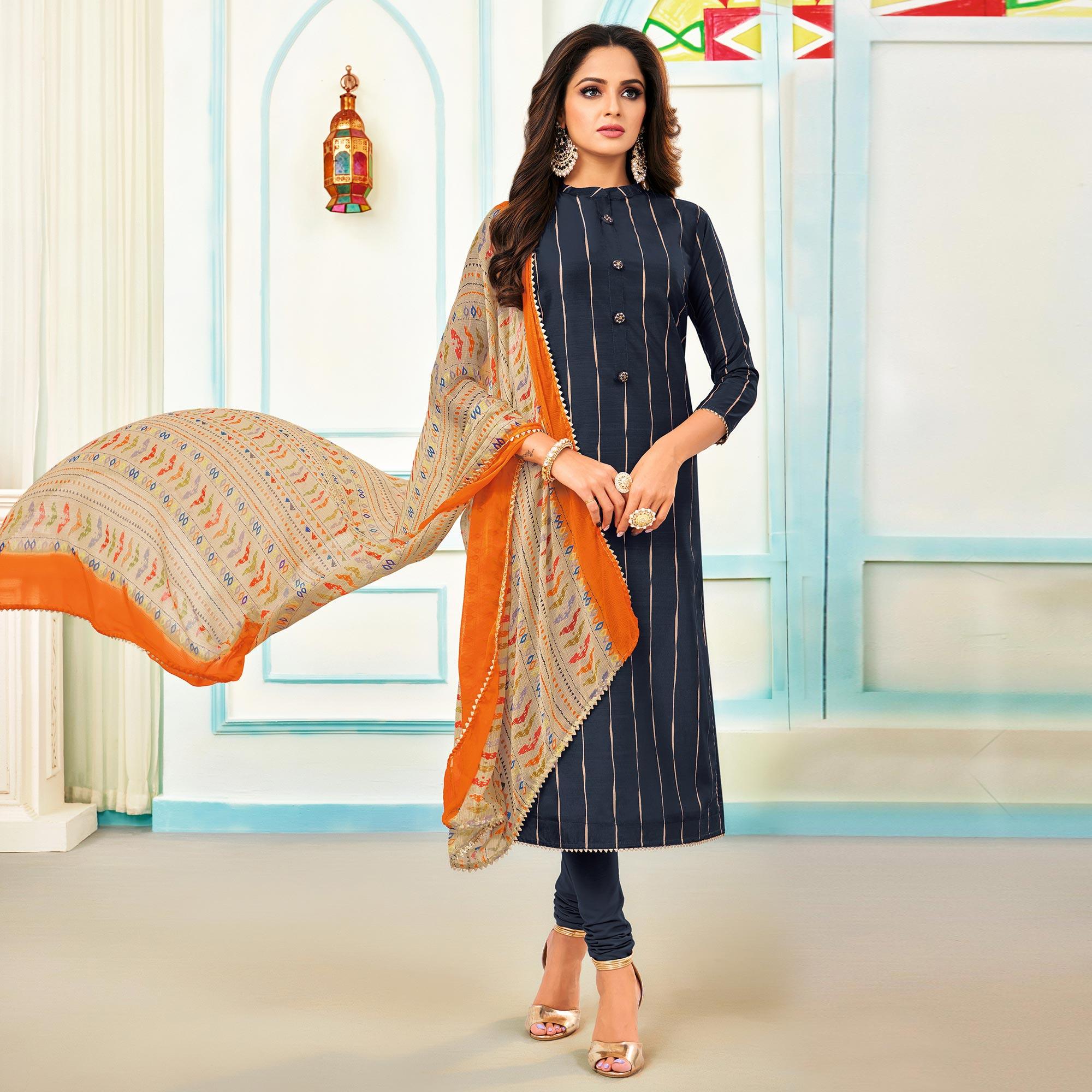Ideal Navy Blue Colored Casual Wear Embroidered Chanderi Dress Material - Peachmode