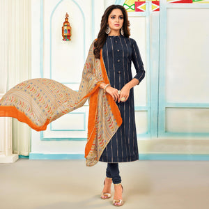 Ideal Navy Blue Colored Casual Wear Embroidered Chanderi Dress Material - Peachmode