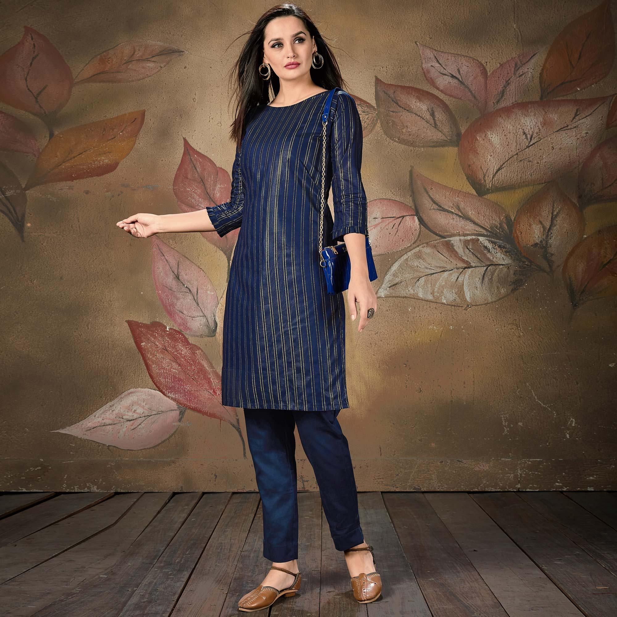 Ideal Navy Blue Colored Casual Wear Printed Cotton Kurti - Peachmode