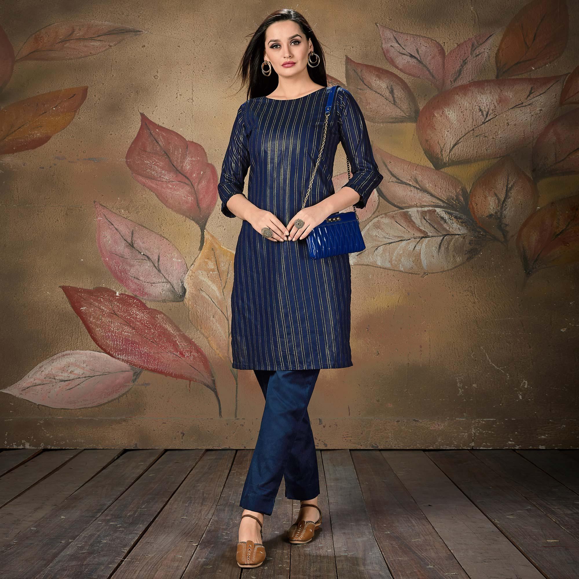 Ideal Navy Blue Colored Casual Wear Printed Cotton Kurti - Peachmode