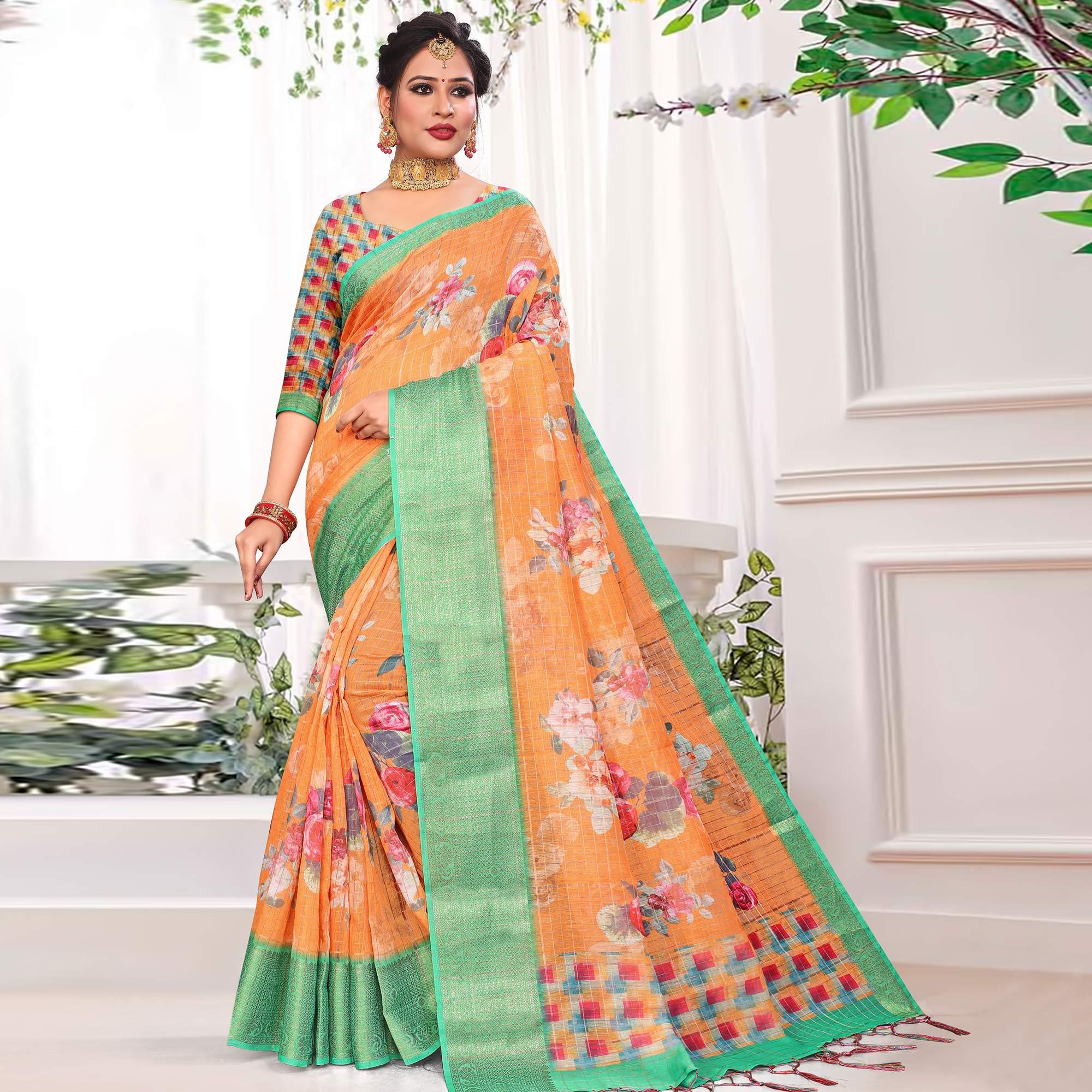 Ideal Orange Colored Festive Wear Digital Printed Linen Saree - Peachmode