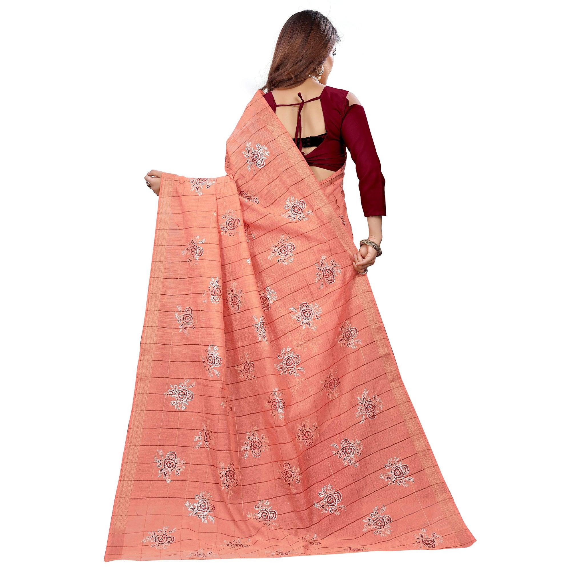 Ideal Peach Colored Casual Wear Printed Cotton Saree - Peachmode