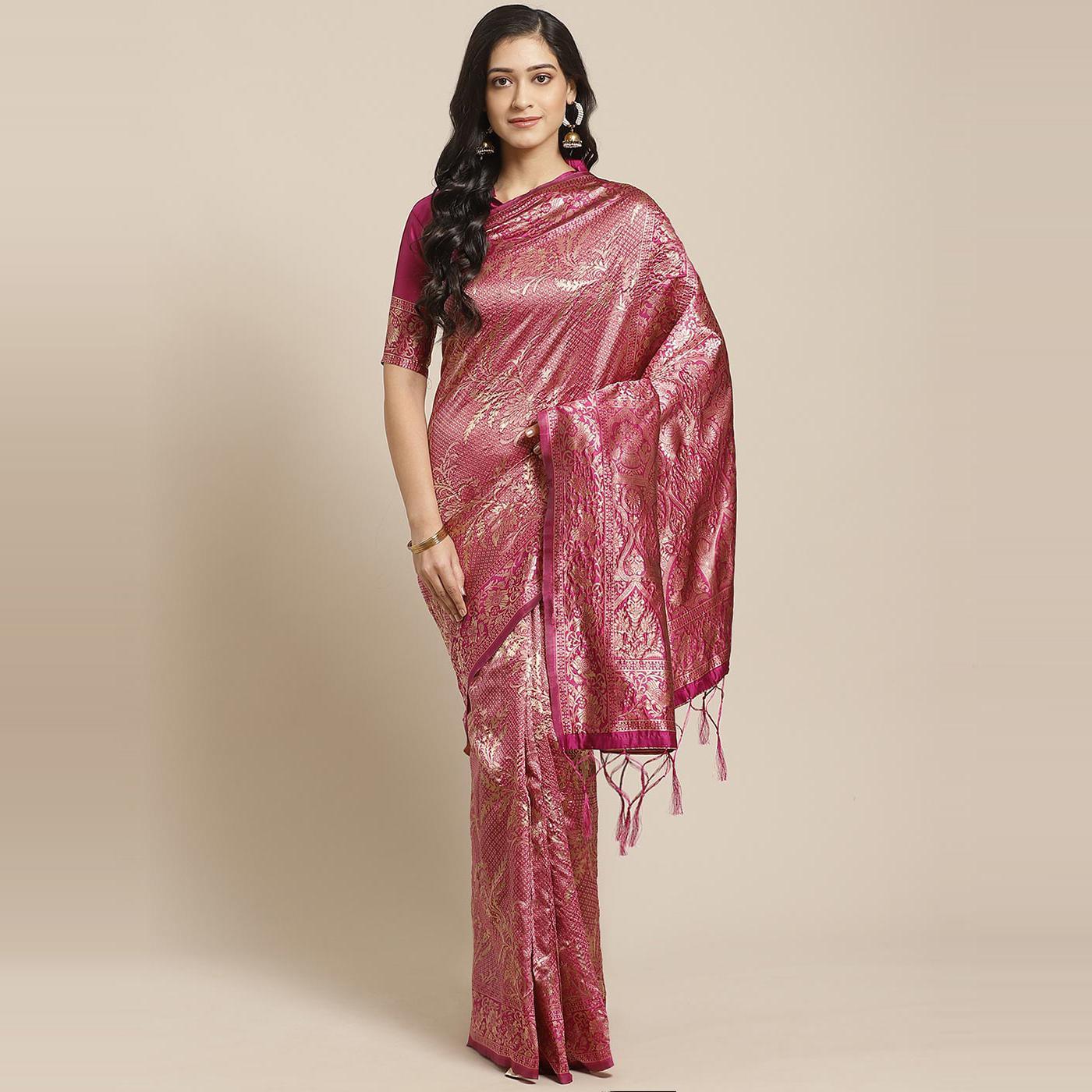 Ideal Pink Colored Festive Wear Woven Silk Blend Saree - Peachmode