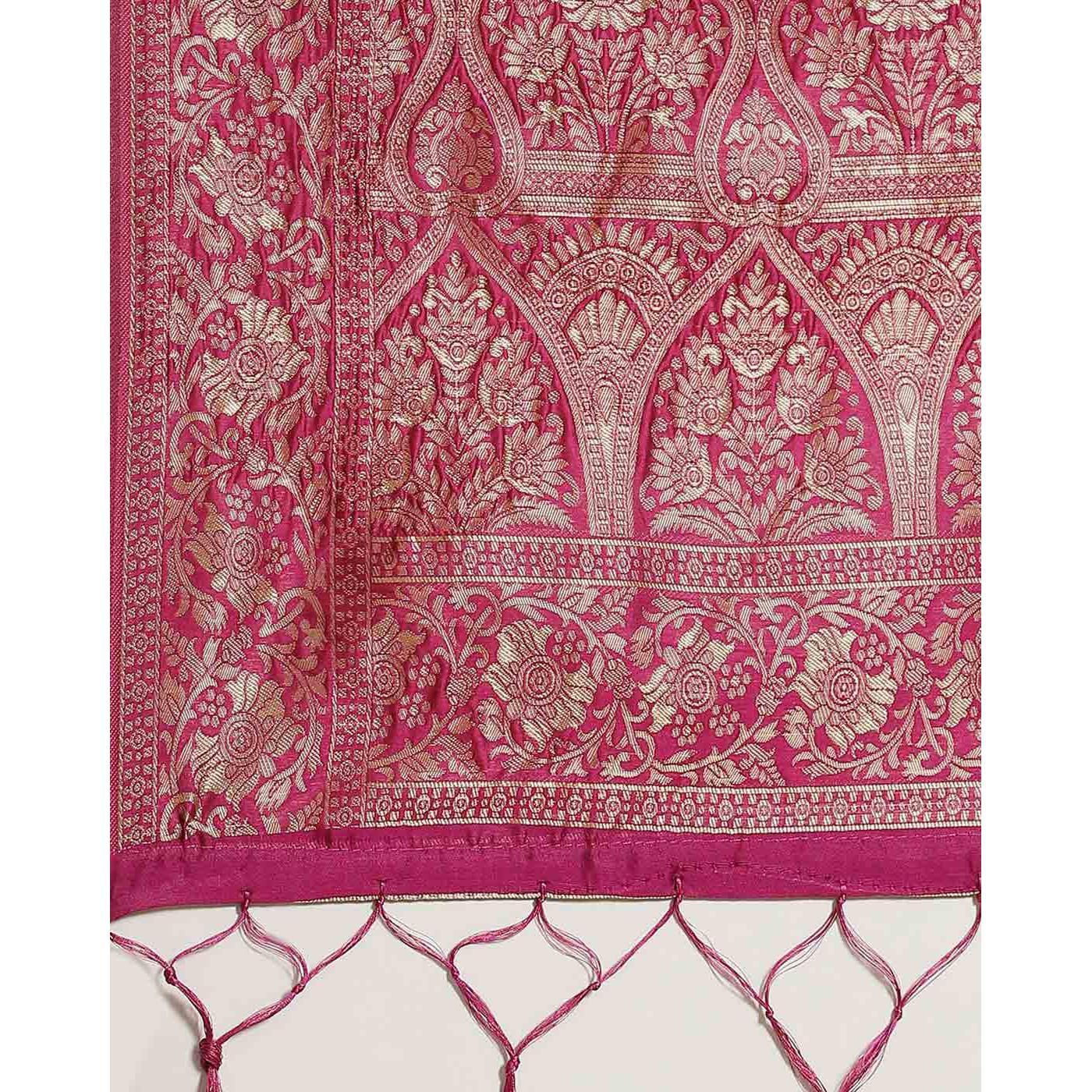 Ideal Pink Colored Festive Wear Woven Silk Blend Saree - Peachmode