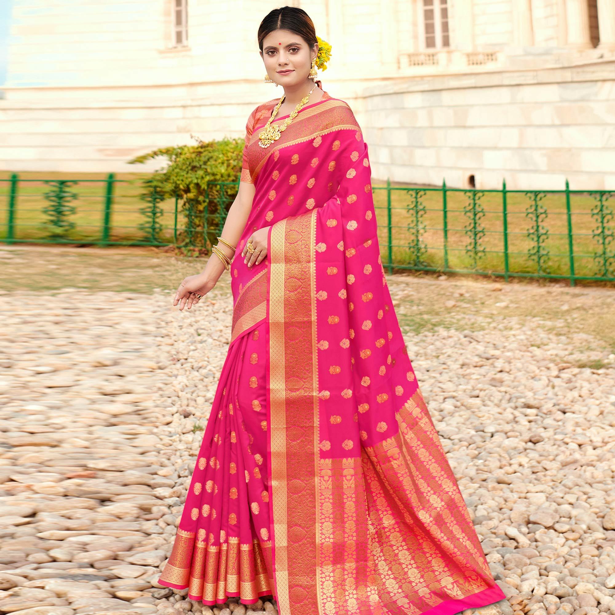 Ideal Pink Colored Festive Wear Woven Silk Saree - Peachmode