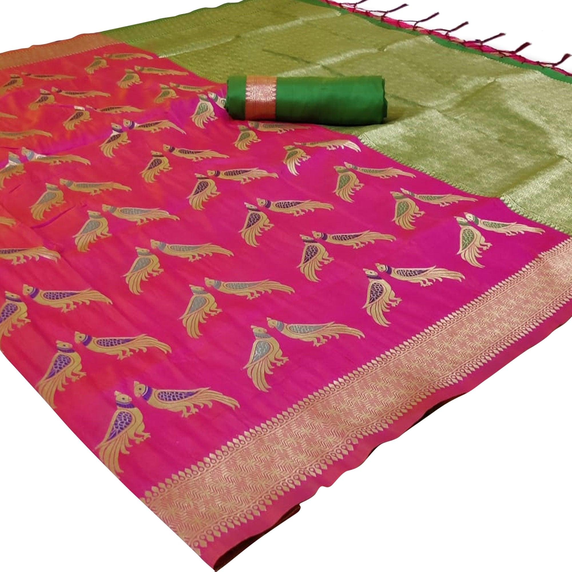 Ideal Pink Colored Festive Wear Woven Silk Saree - Peachmode