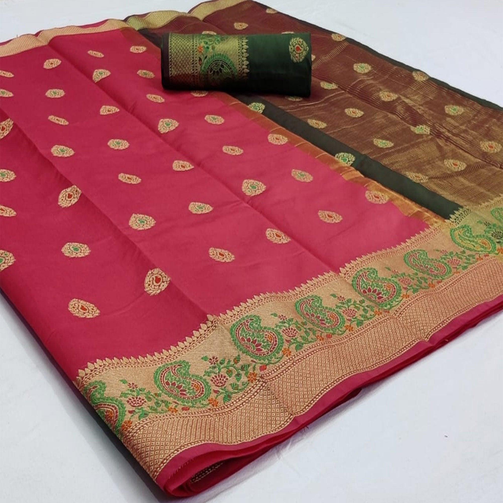 Ideal Pink Colored Festive Wear Woven Soft Silk Saree - Peachmode