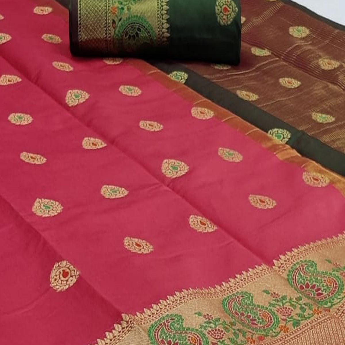 Ideal Pink Colored Festive Wear Woven Soft Silk Saree - Peachmode
