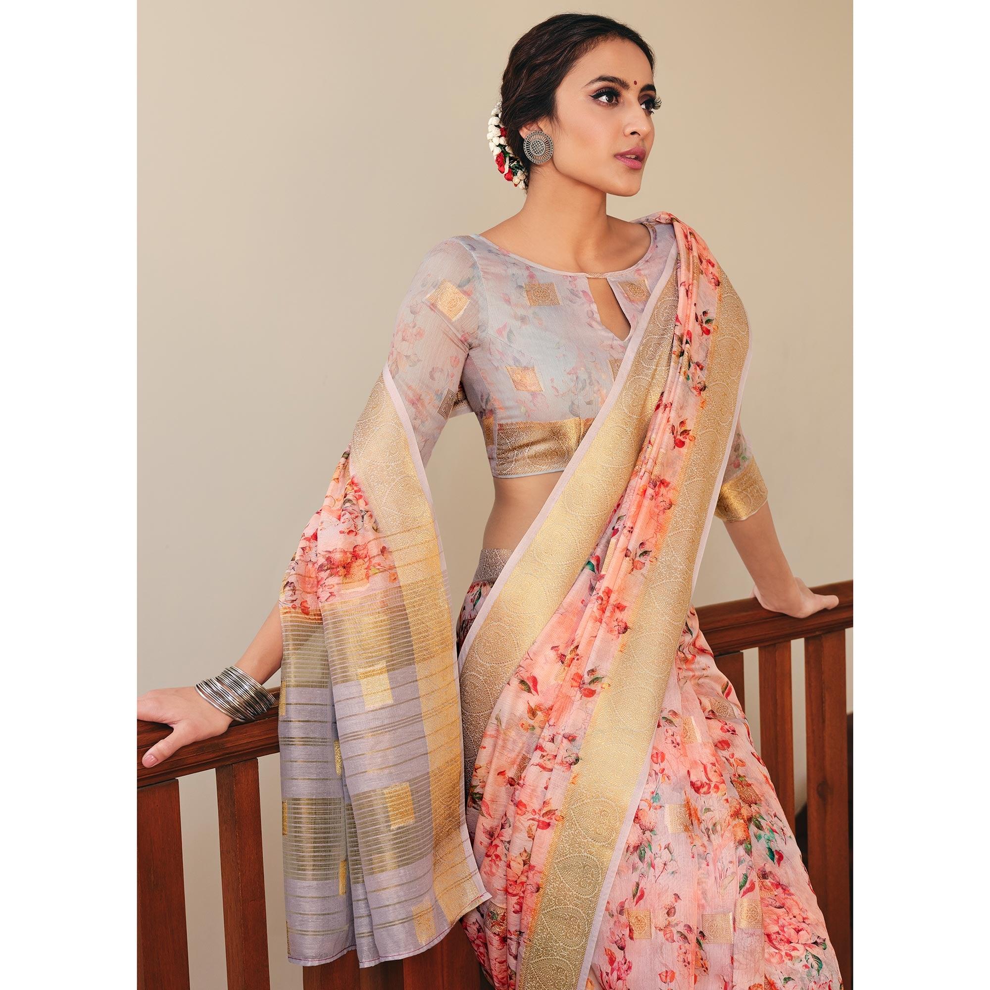 Ideal Pink Colored Party Wear Digital Printed Linen Saree - Peachmode