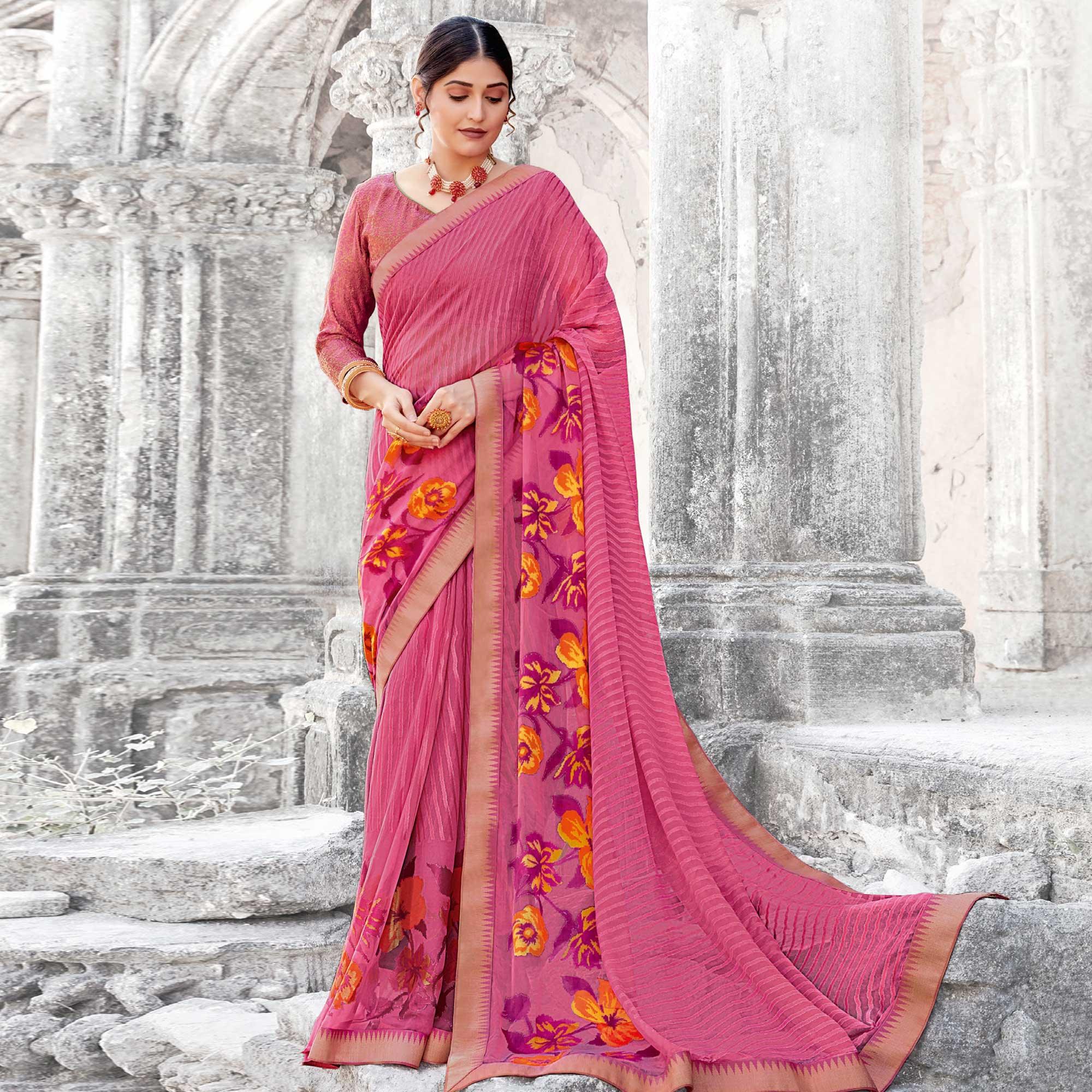 Ideal Pink Coloured Partywear Printed Brasso Saree - Peachmode