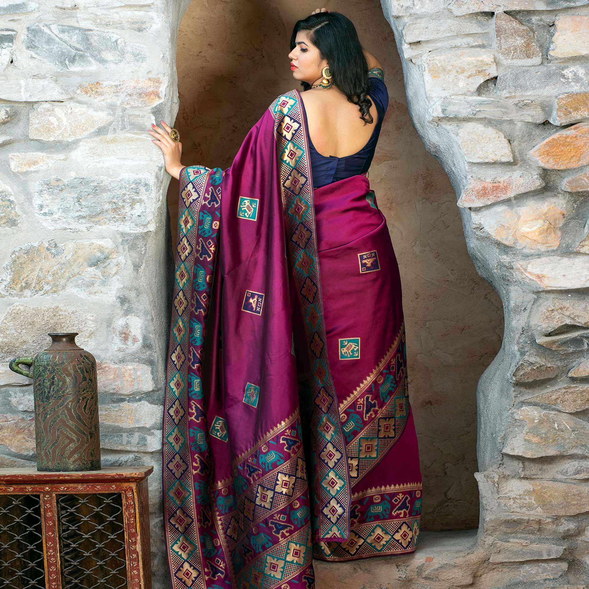 Ideal Purple Colored Festive Wear Woven Patola Silk Saree - Peachmode