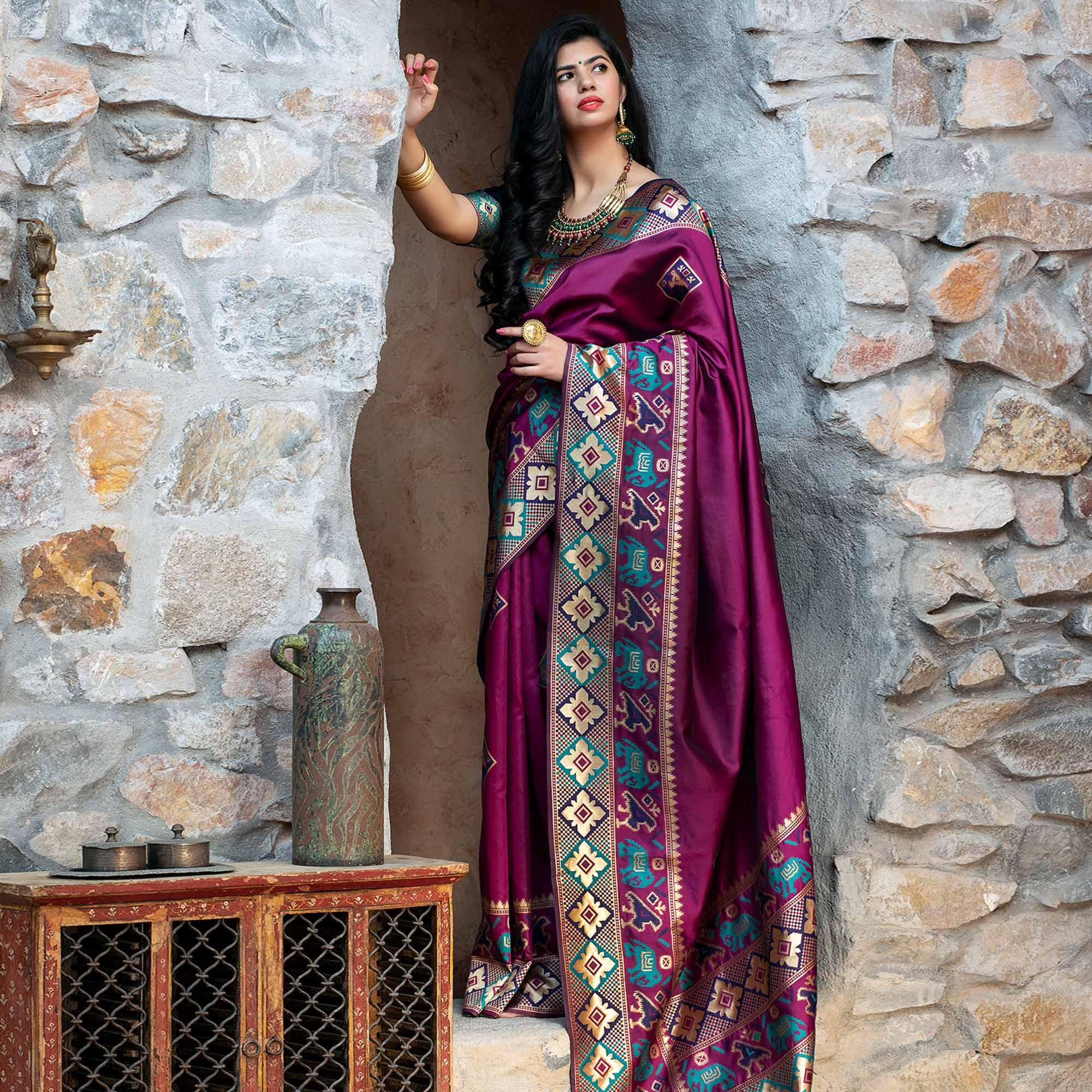 Ideal Purple Colored Festive Wear Woven Patola Silk Saree - Peachmode
