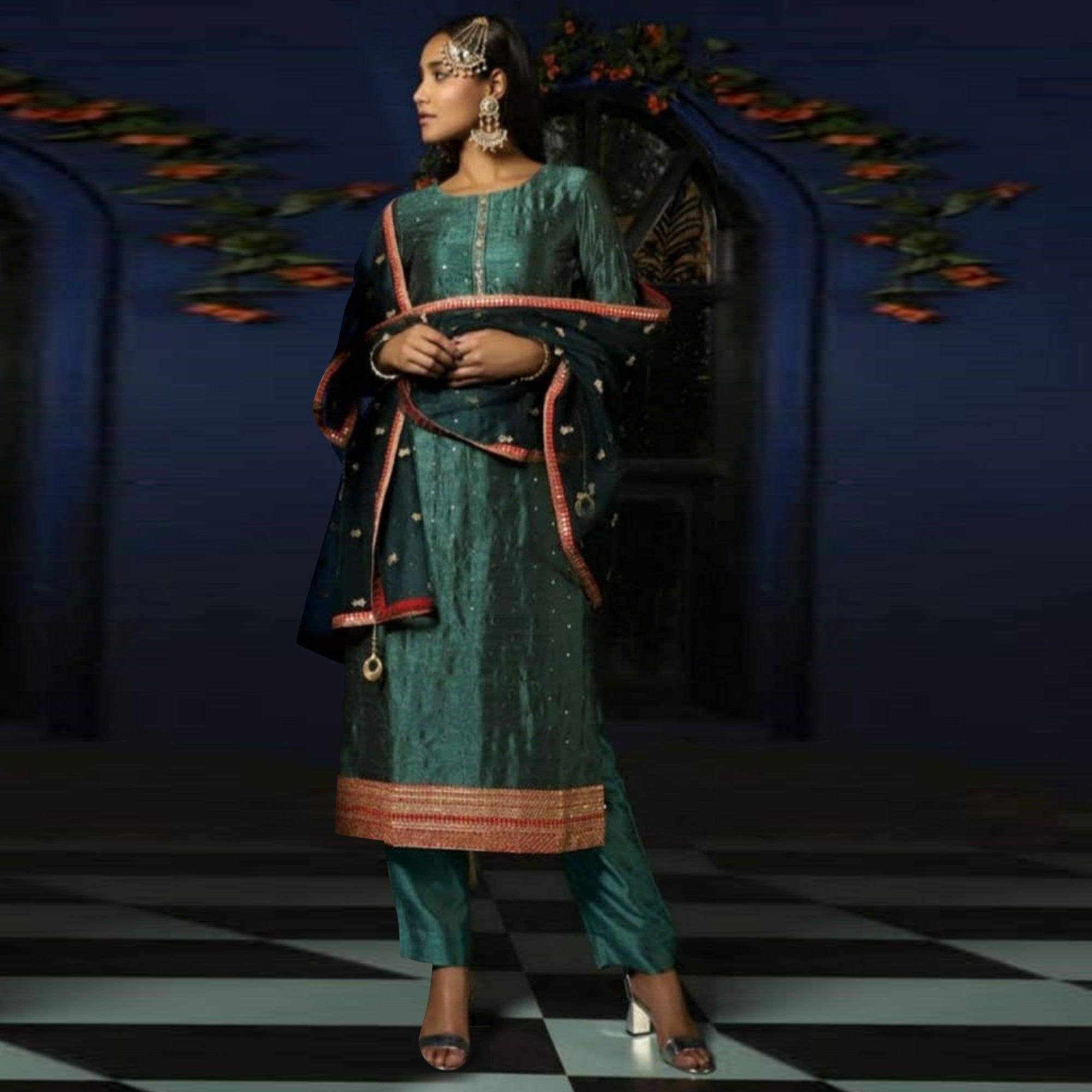Ideal Rama Green Colored Partywear Woven Silk Stitched Suit - Peachmode