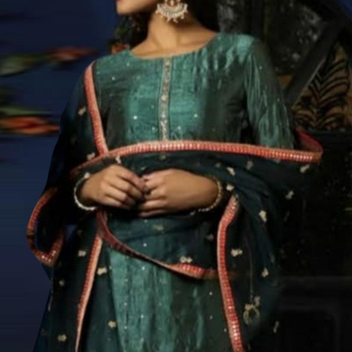 Ideal Rama Green Colored Partywear Woven Silk Stitched Suit - Peachmode
