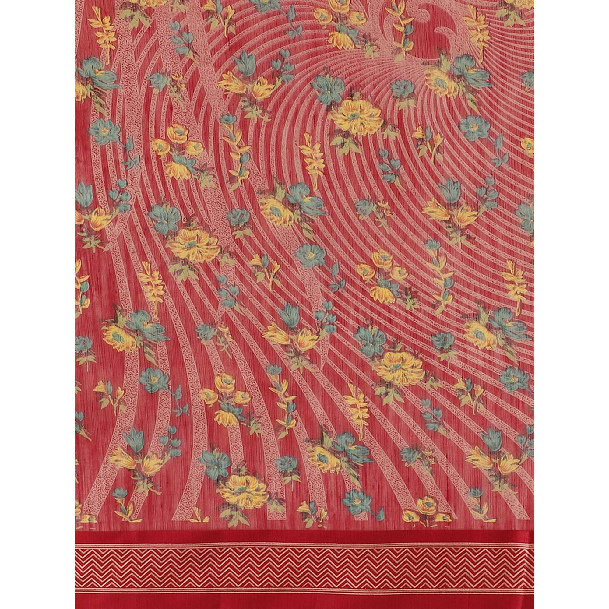Ideal Red Colored Casual Wear Floral Printed Cotton Silk Saree - Peachmode