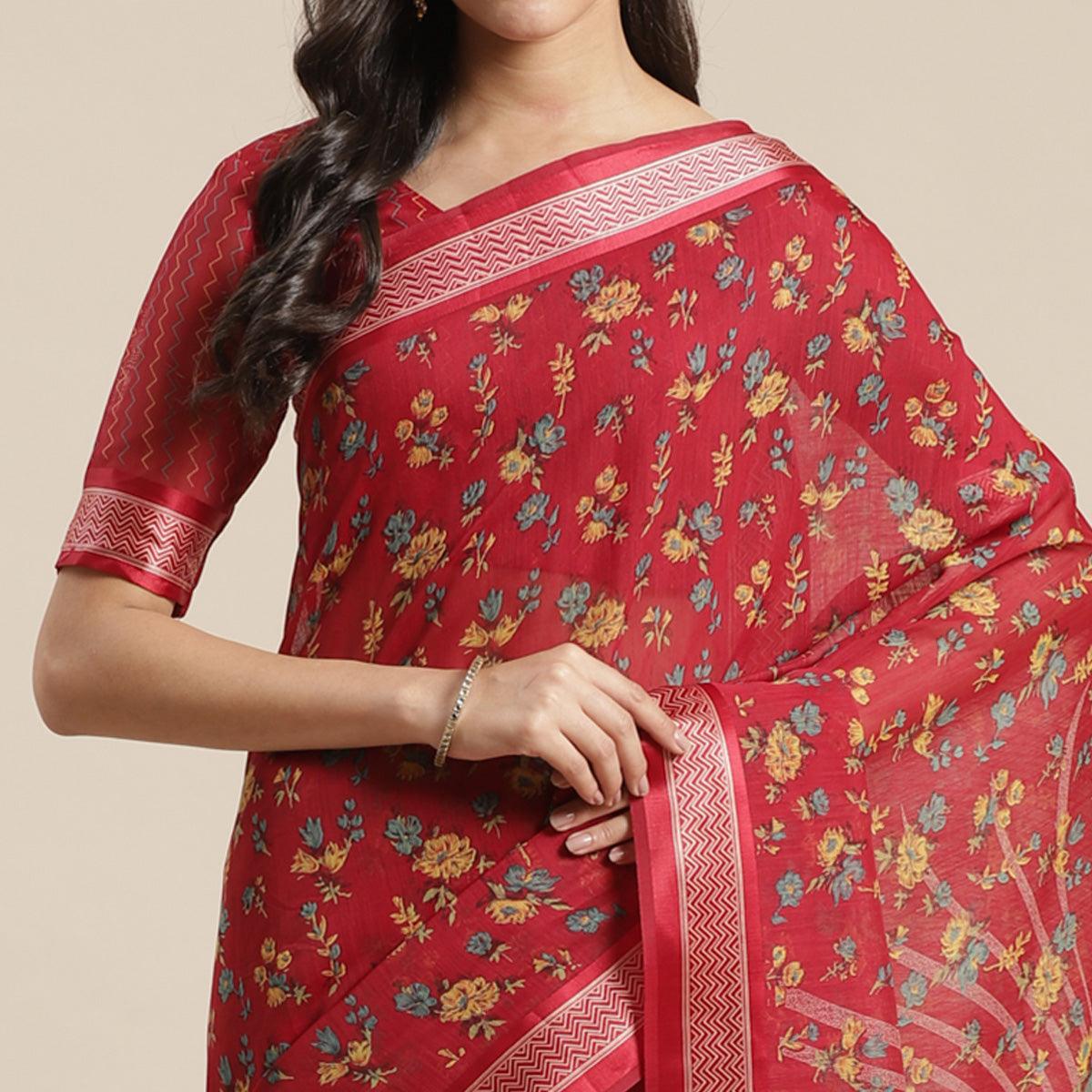 Ideal Red Colored Casual Wear Floral Printed Cotton Silk Saree - Peachmode