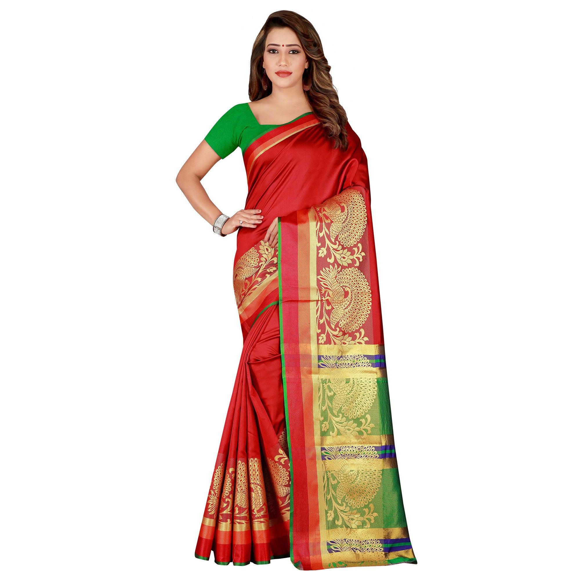 Ideal Red Colored festive Wear Silk Saree - Peachmode