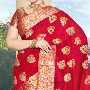 Ideal Red Colored Festive Wear Woven Silk Saree - Peachmode