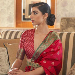Ideal Red Colored Festive Wear Woven Silk Saree - Peachmode