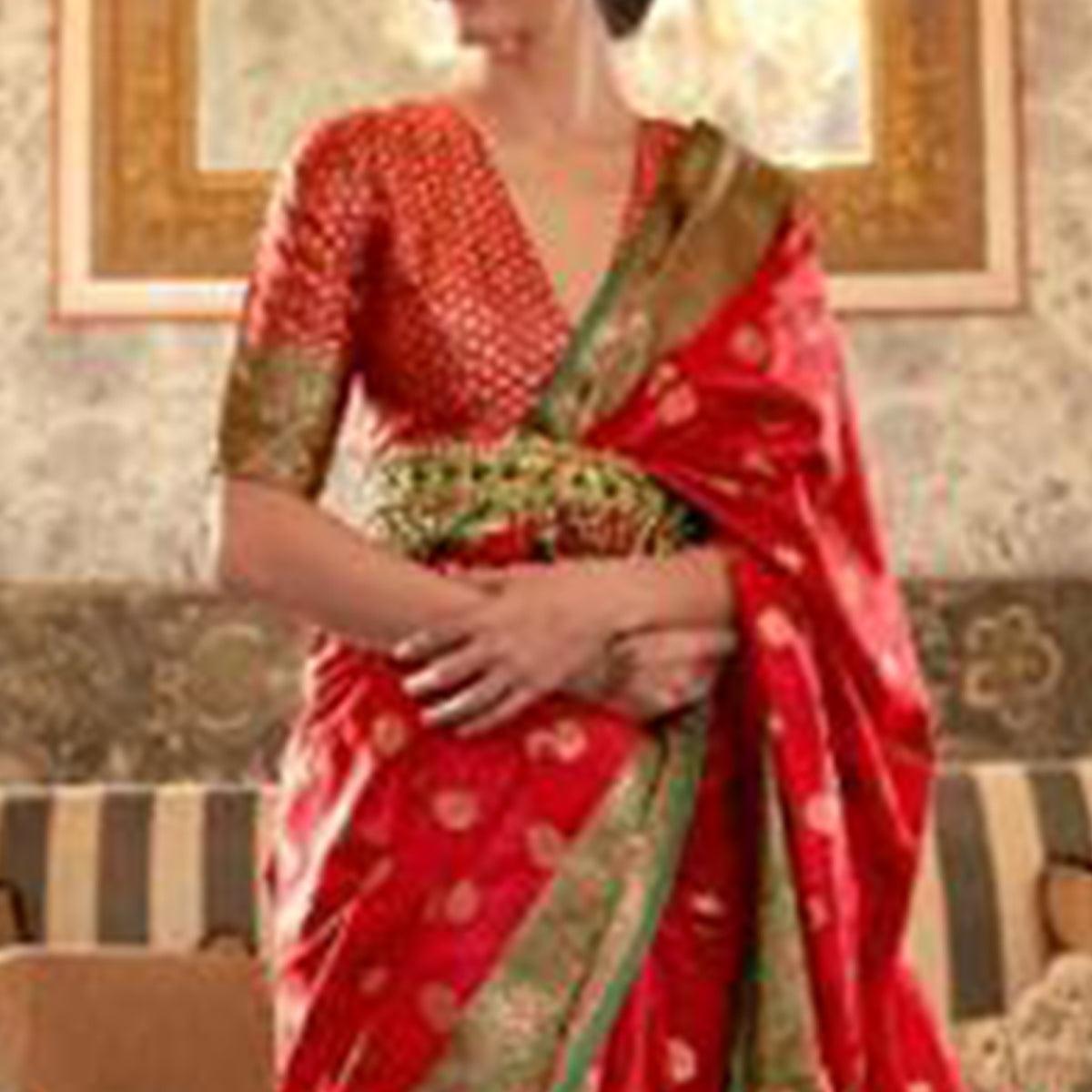 Ideal Red Colored Festive Wear Woven Silk Saree - Peachmode