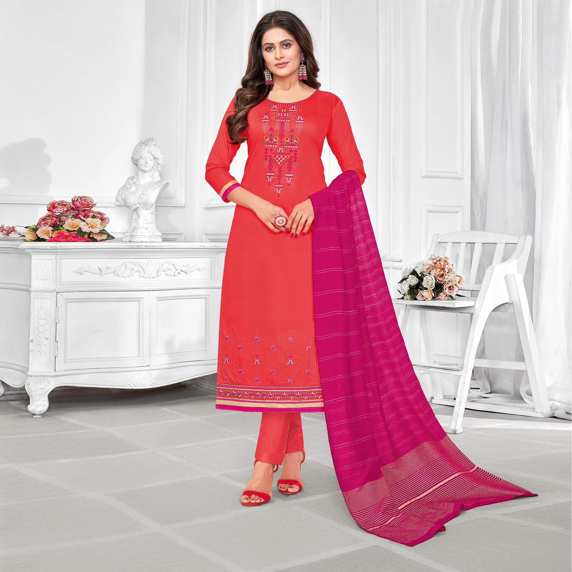 Ideal Red-Orange Colored Partywear Designer Embroidery Cotton Salwar Suit - Peachmode
