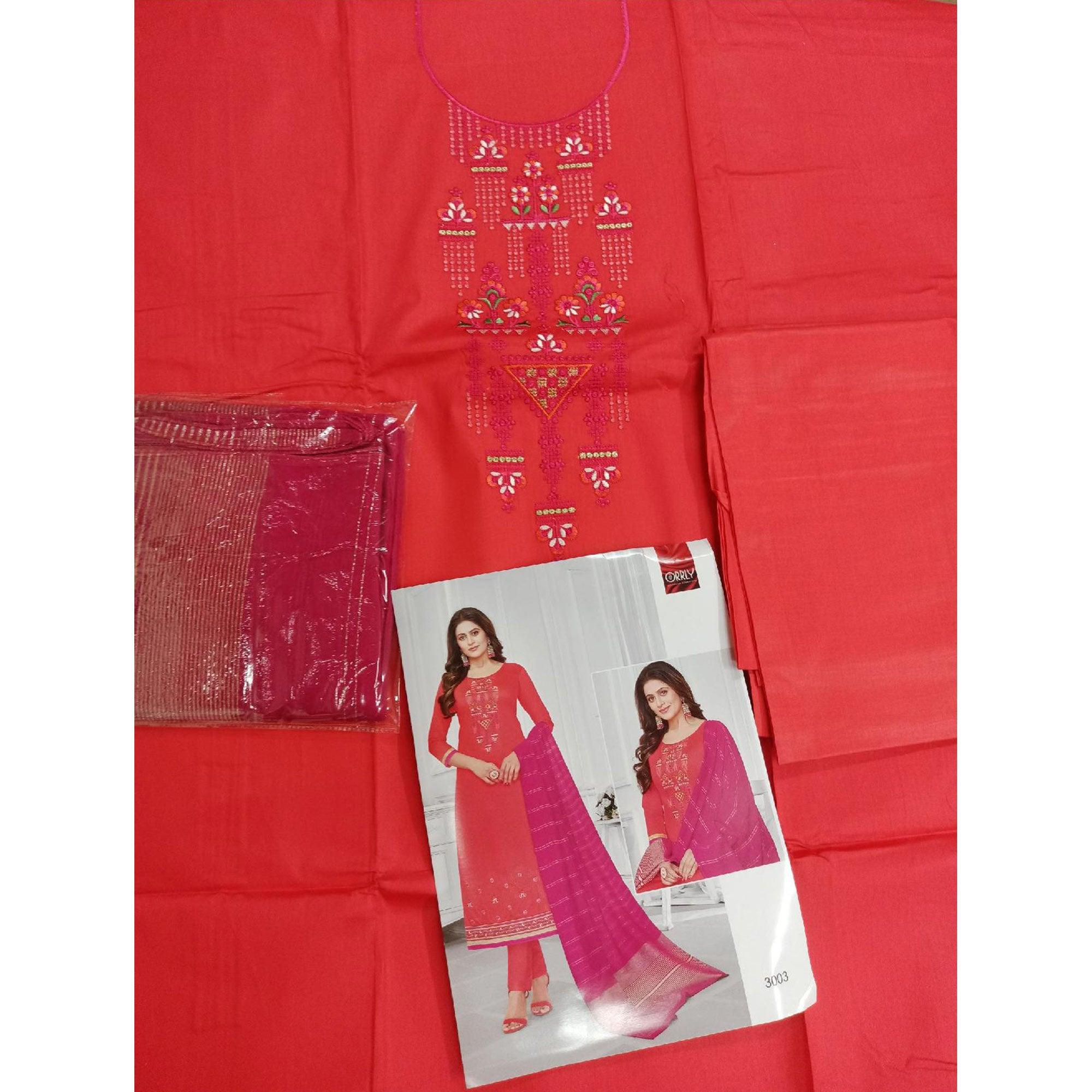 Ideal Red-Orange Colored Partywear Designer Embroidery Cotton Salwar Suit - Peachmode
