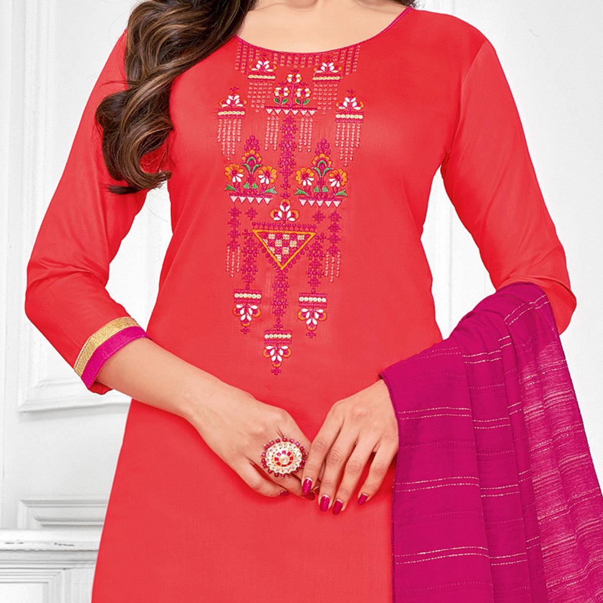 Ideal Red-Orange Colored Partywear Designer Embroidery Cotton Salwar Suit - Peachmode