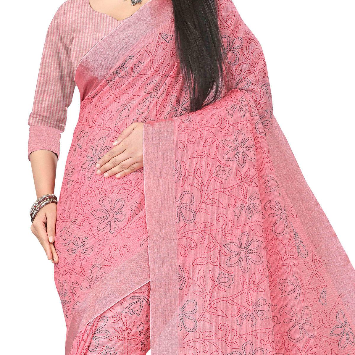 Ideal Rose Pink Colored Party Wear Block Print Linen Saree - Peachmode
