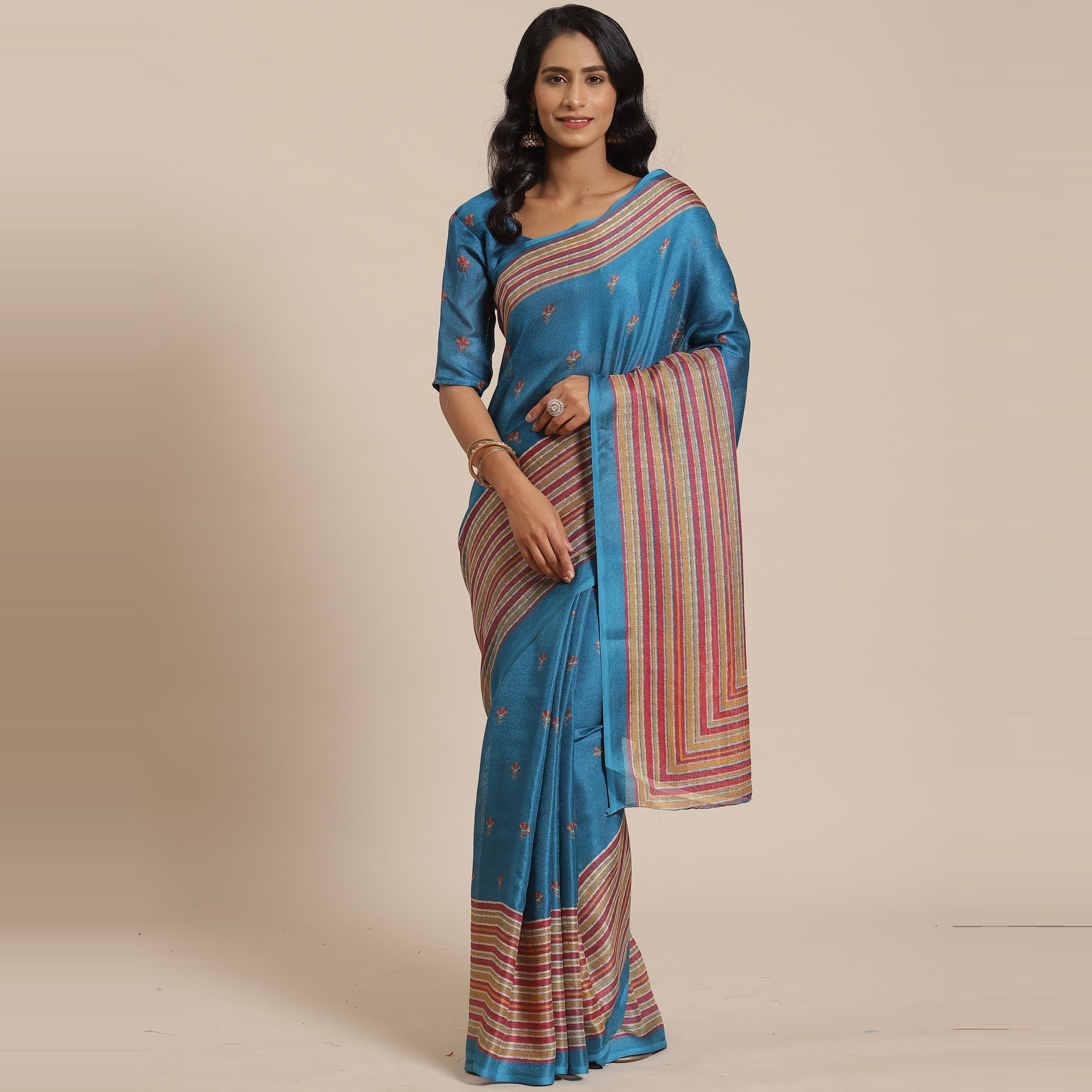 Ideal Teal Blue Colored Casual Wear Printed Jute Silk Saree - Peachmode