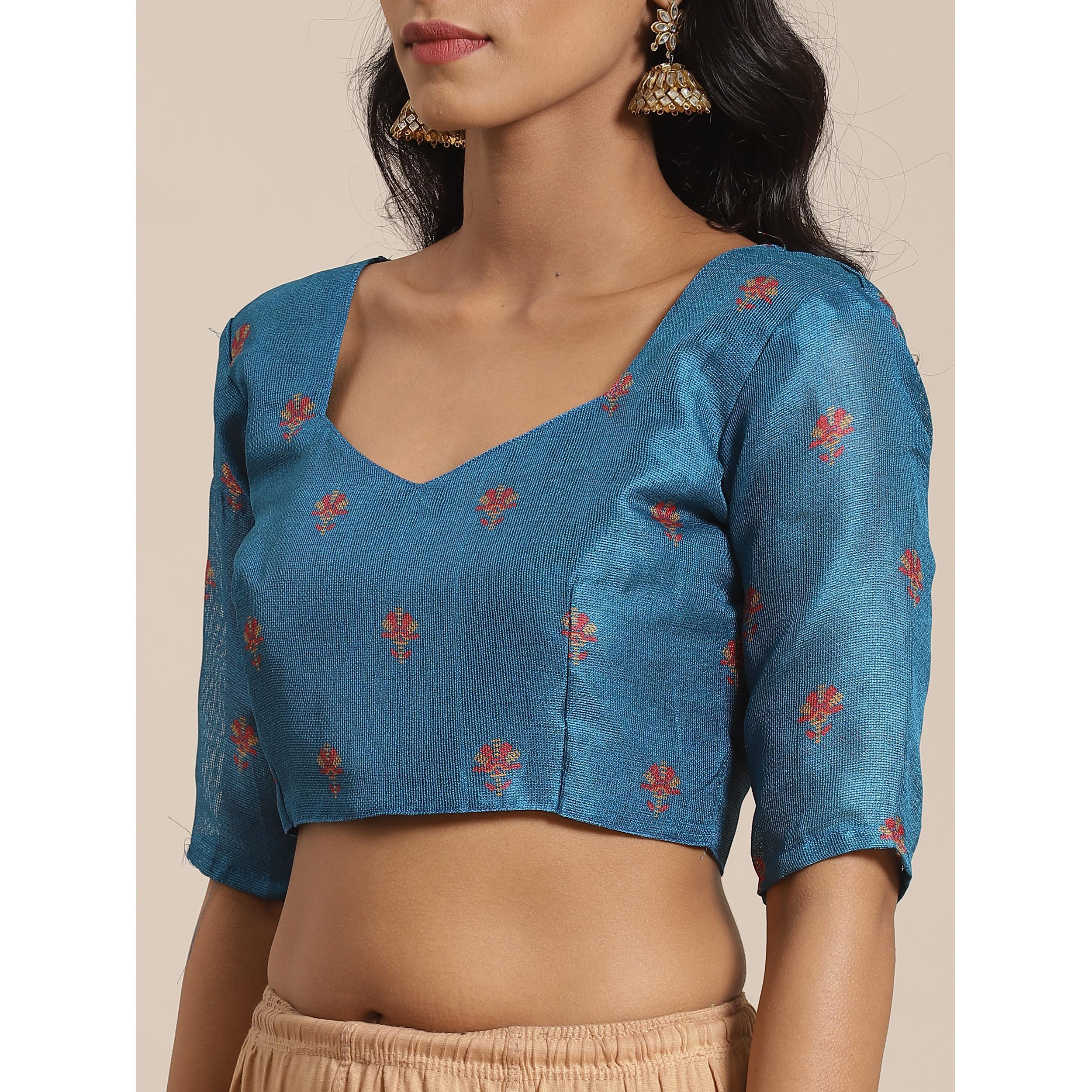 Ideal Teal Blue Colored Casual Wear Printed Jute Silk Saree - Peachmode