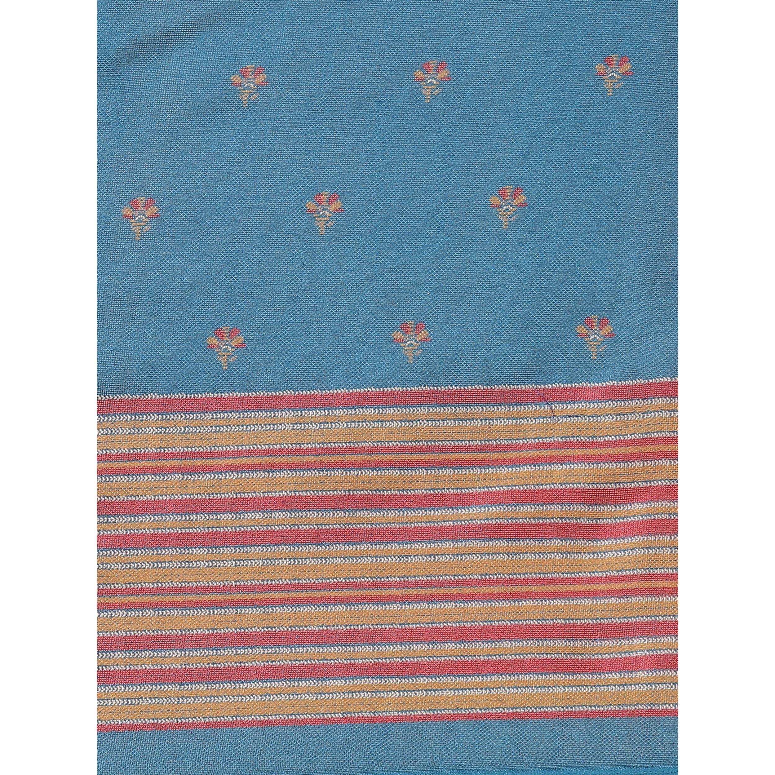 Ideal Teal Blue Colored Casual Wear Printed Jute Silk Saree - Peachmode