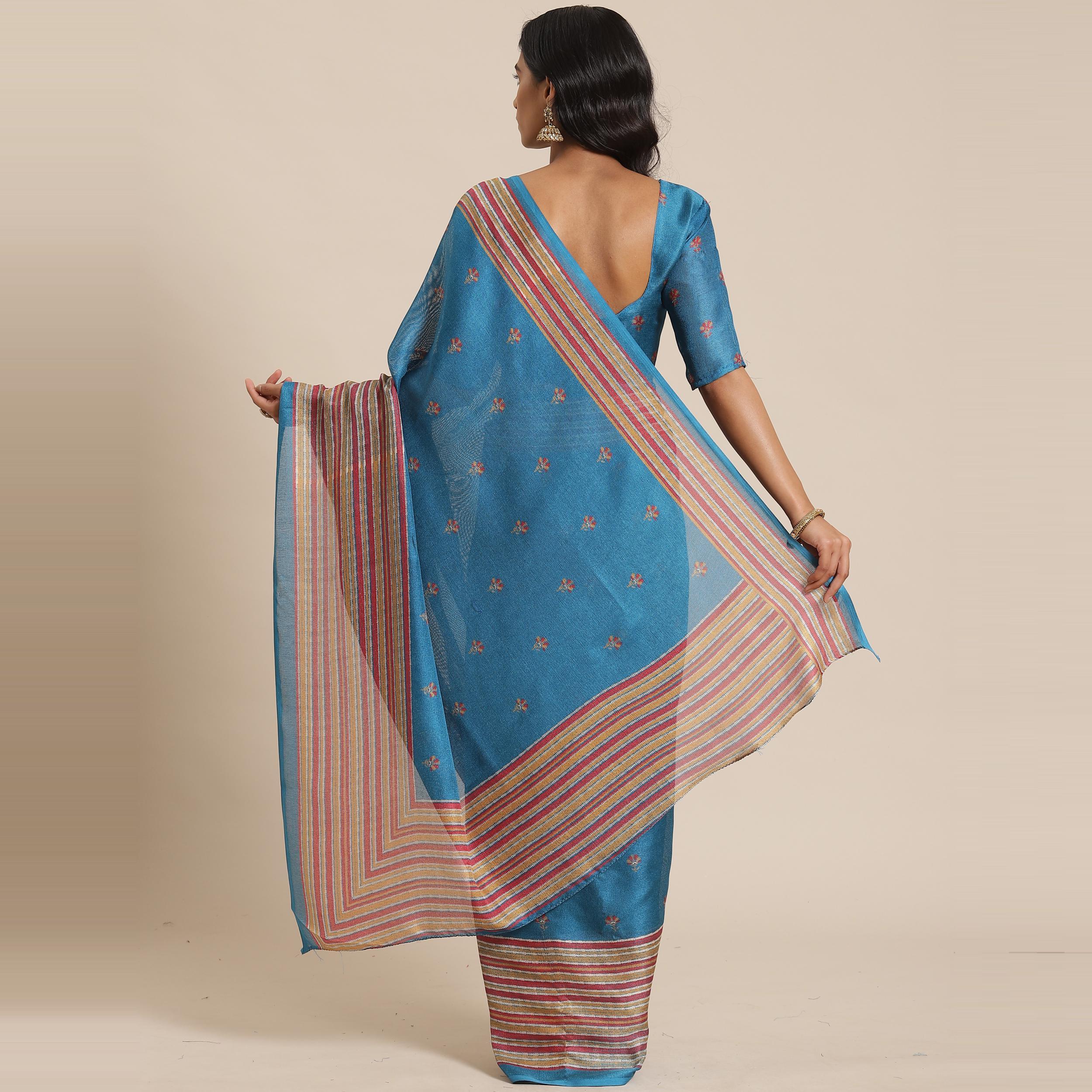 Ideal Teal Blue Colored Casual Wear Printed Jute Silk Saree - Peachmode