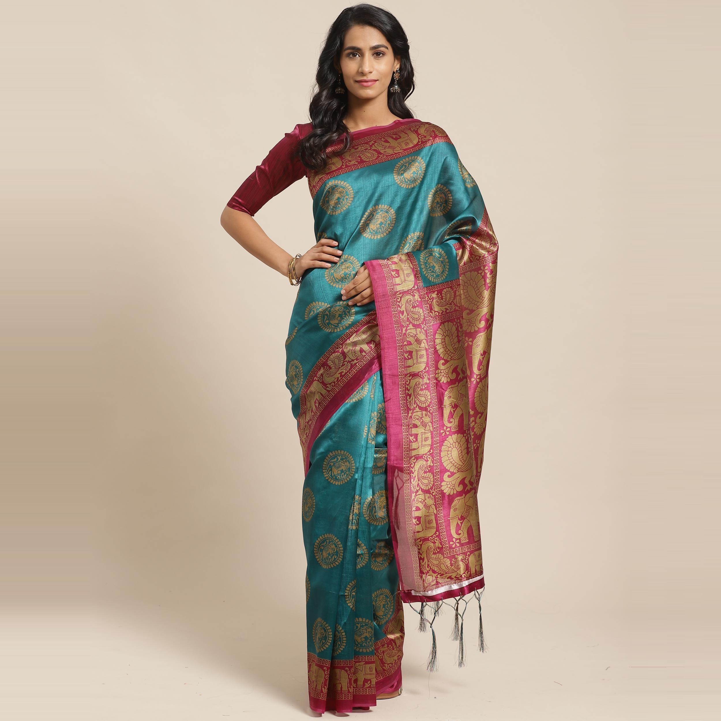 Ideal Teal Green Colored Casual Wear Printed Art Silk Saree - Peachmode