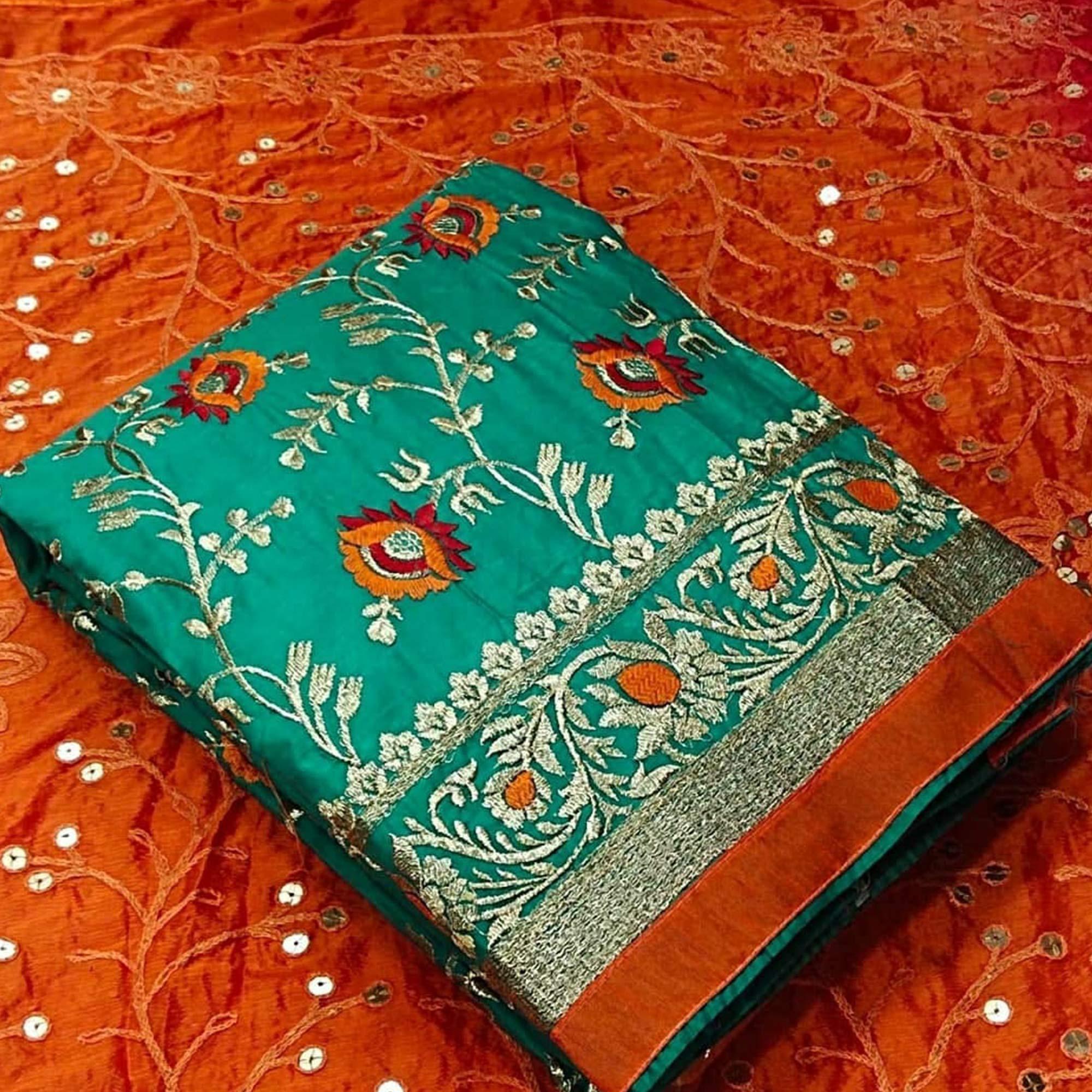 Ideal Turquoise Blue Colored Festive Wear Embroidered Chanderi Dress Material - Peachmode