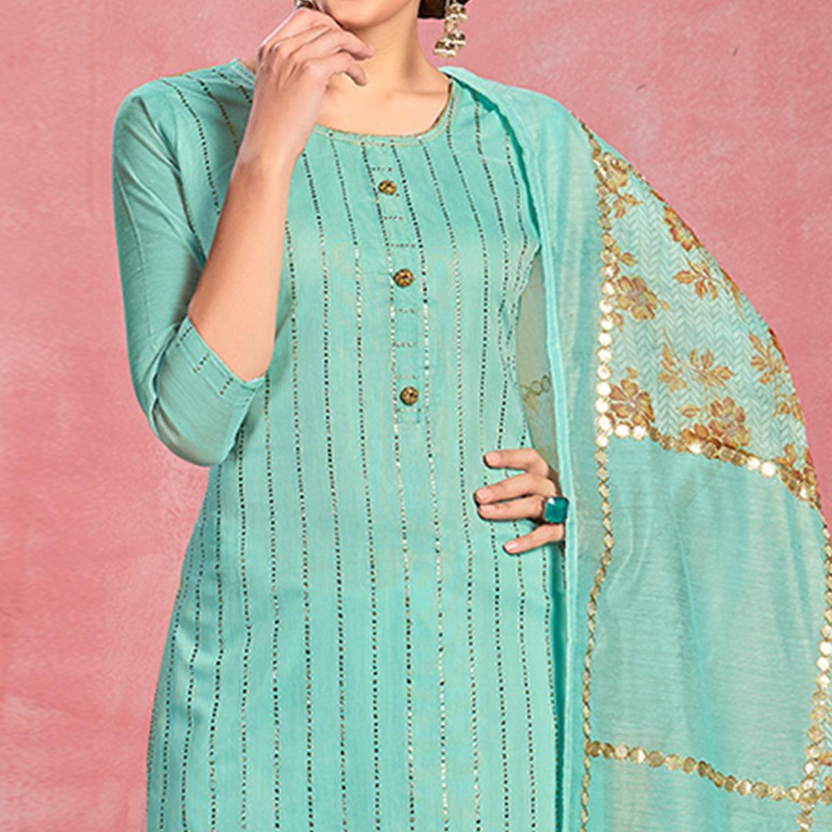 Ideal Turquoise Blue Colored Partywear Embroidered Pure Cotton Dress Material - Peachmode