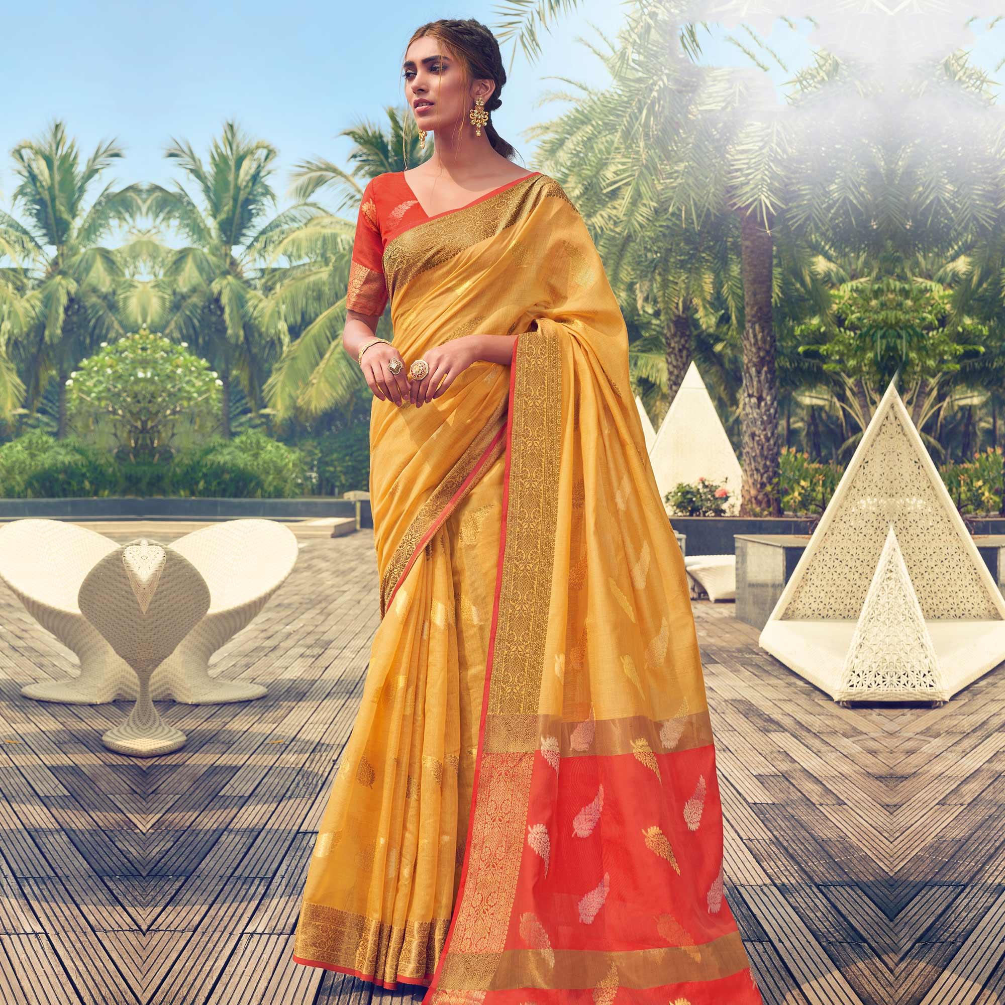 Ideal Yellow Colored Festive Wear Woven Cotton Handloom Saree - Peachmode