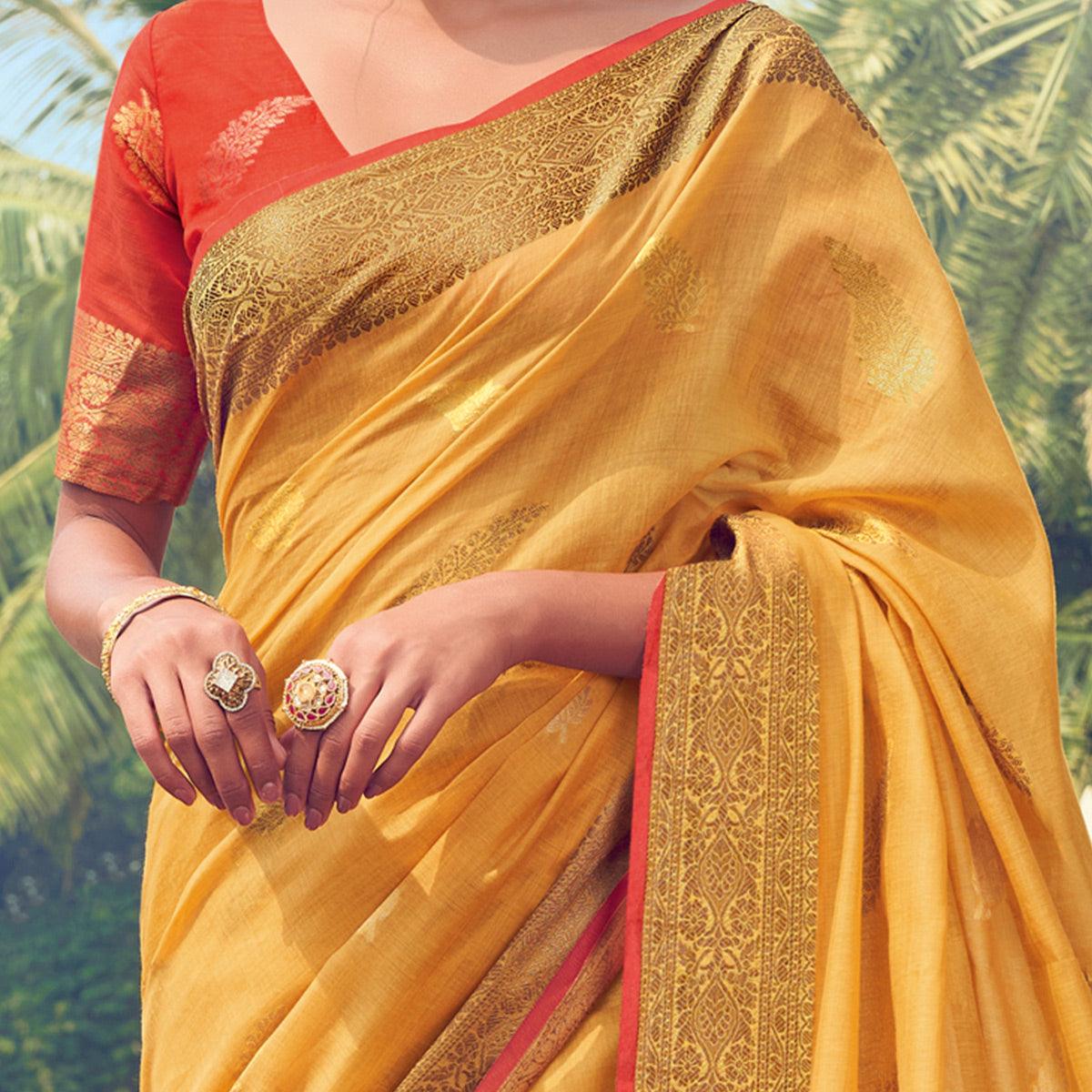 Ideal Yellow Colored Festive Wear Woven Cotton Handloom Saree - Peachmode