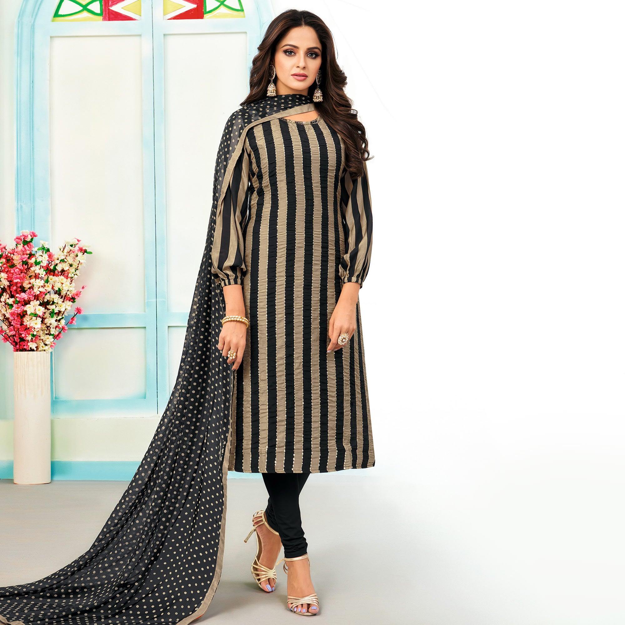 Imposing Beige - Black Colored Casual Wear Embroidered Chanderi Dress Material - Peachmode