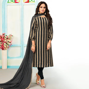 Imposing Beige - Black Colored Casual Wear Embroidered Chanderi Dress Material - Peachmode