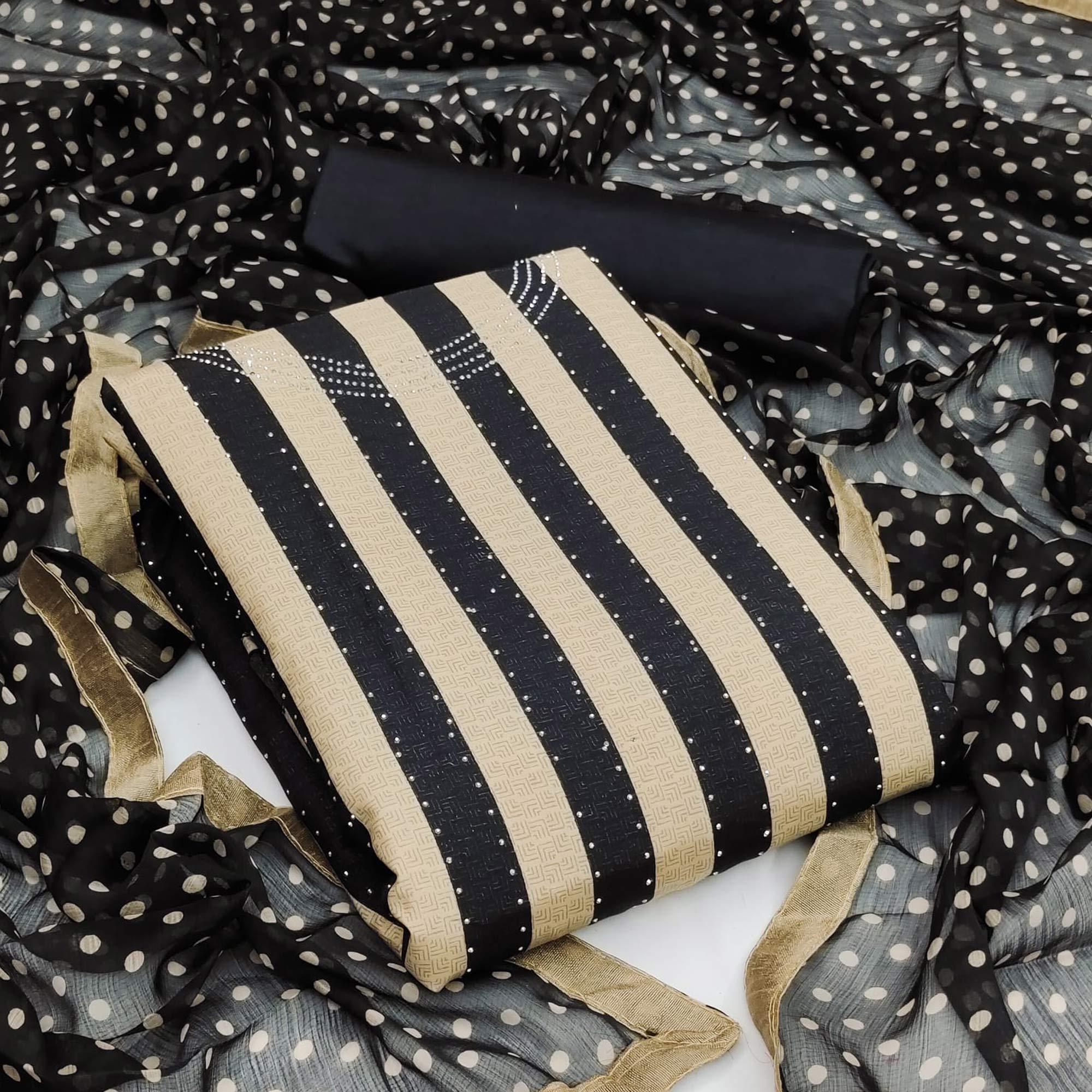 Imposing Beige - Black Colored Casual Wear Embroidered Chanderi Dress Material - Peachmode