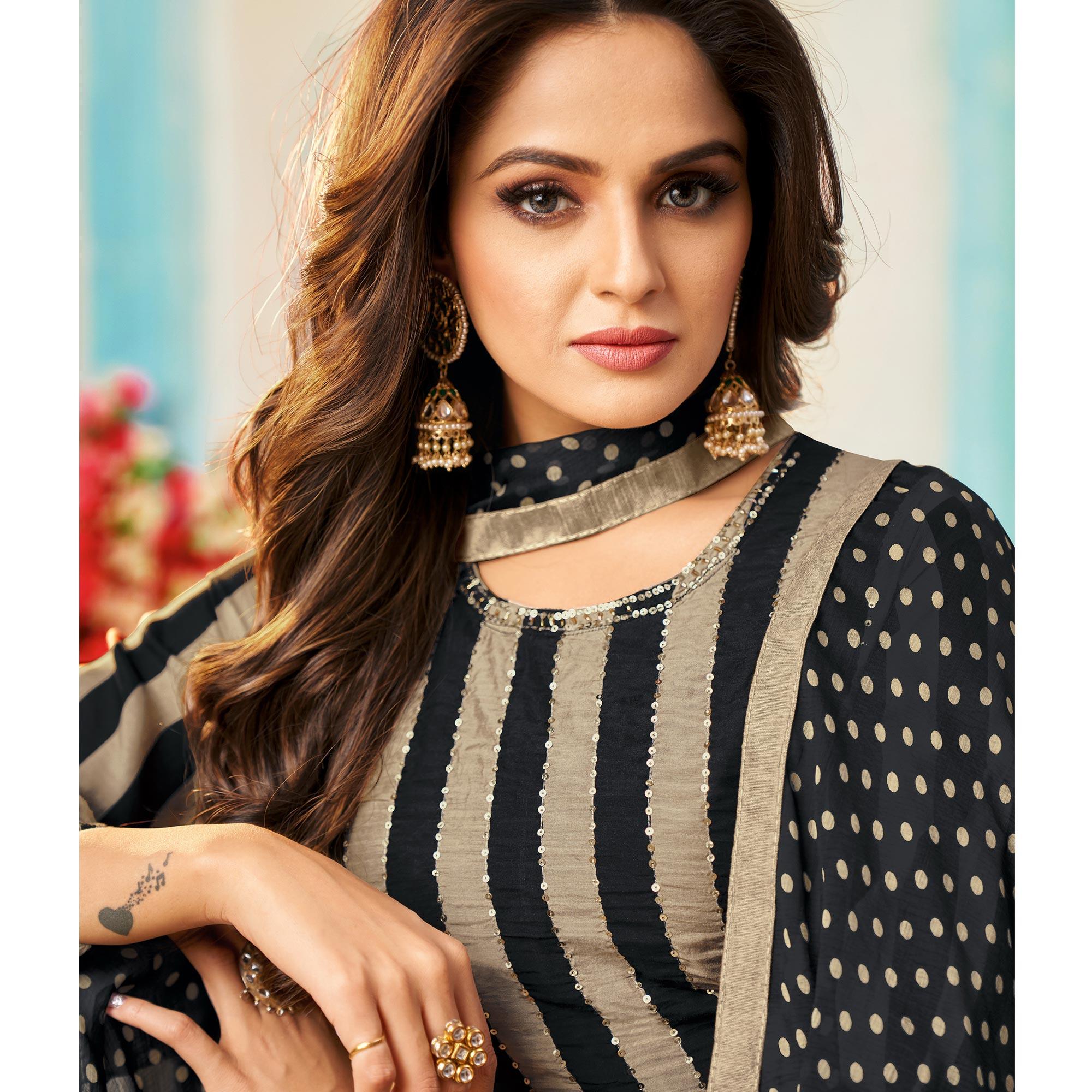 Imposing Beige - Black Colored Casual Wear Embroidered Chanderi Dress Material - Peachmode