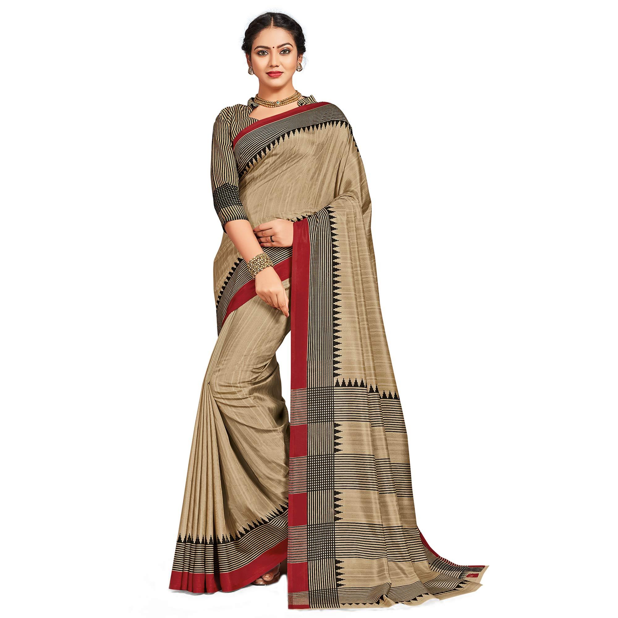 Imposing Beige-Red Colored Casual Printed Silk Saree - Peachmode