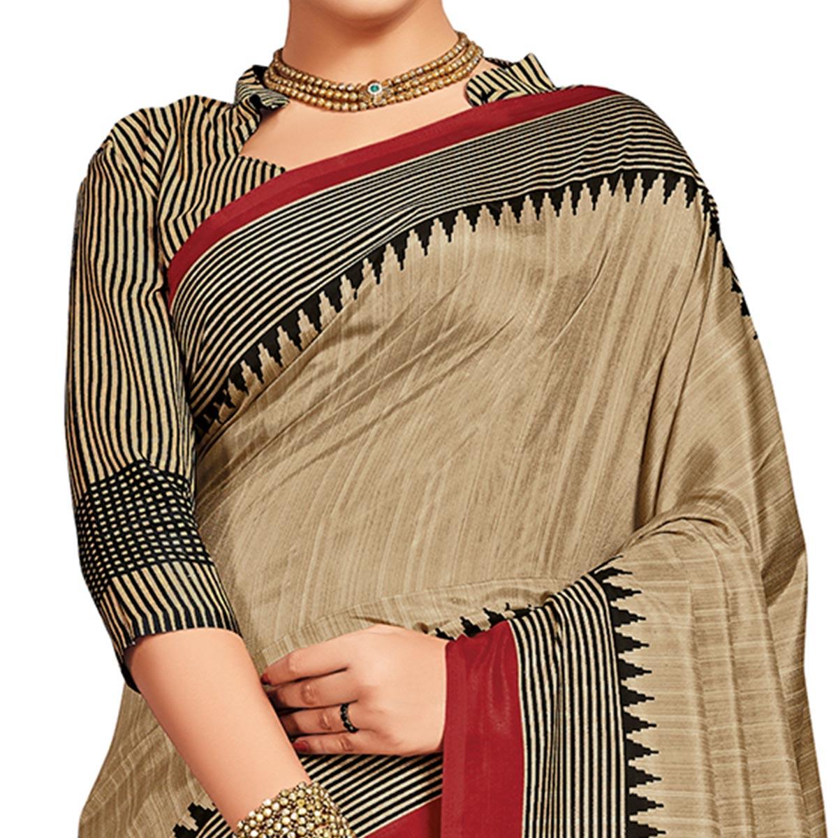 Imposing Beige-Red Colored Casual Printed Silk Saree - Peachmode
