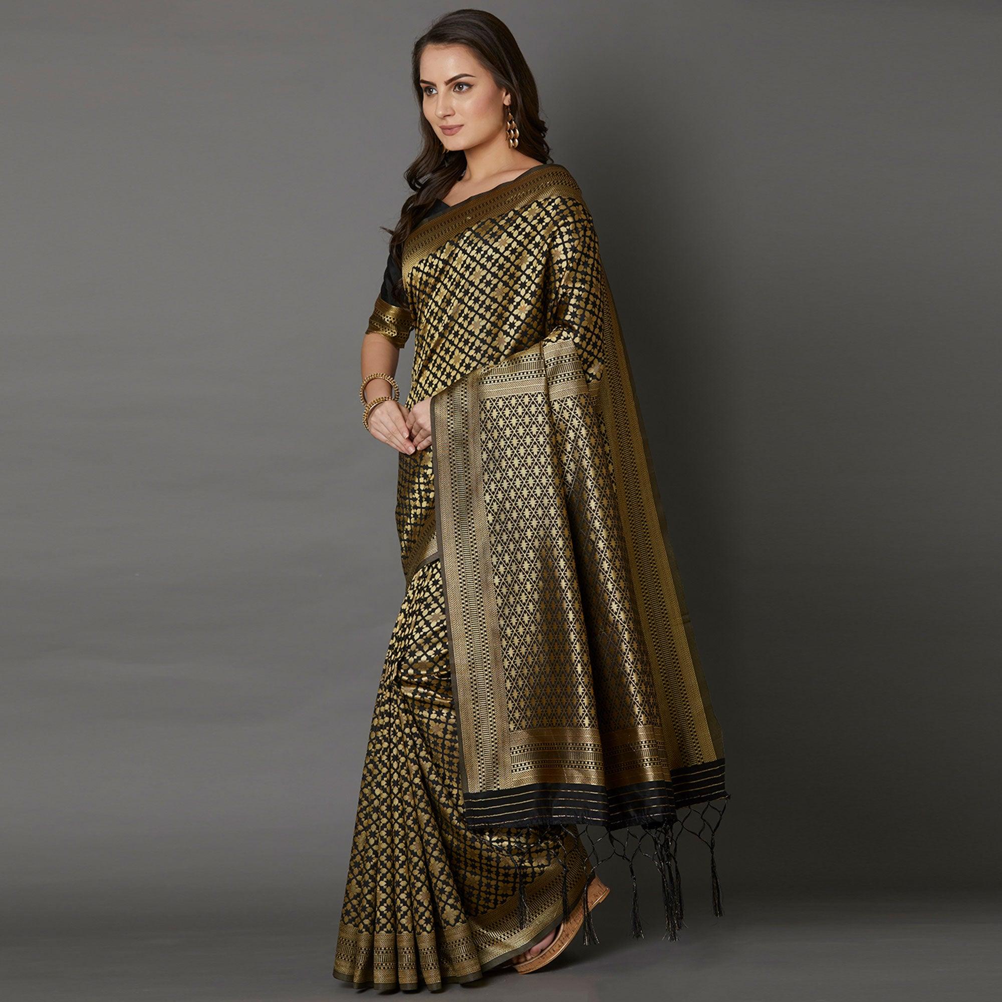 Imposing Black Colored Festive Wear Woven Silk Saree - Peachmode