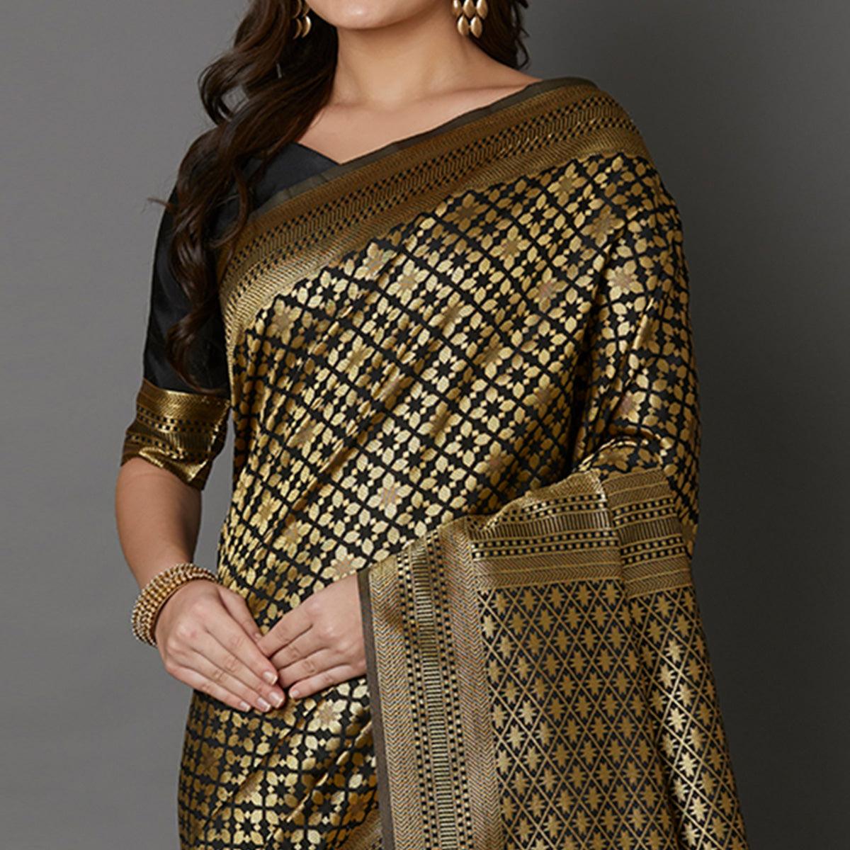 Imposing Black Colored Festive Wear Woven Silk Saree - Peachmode
