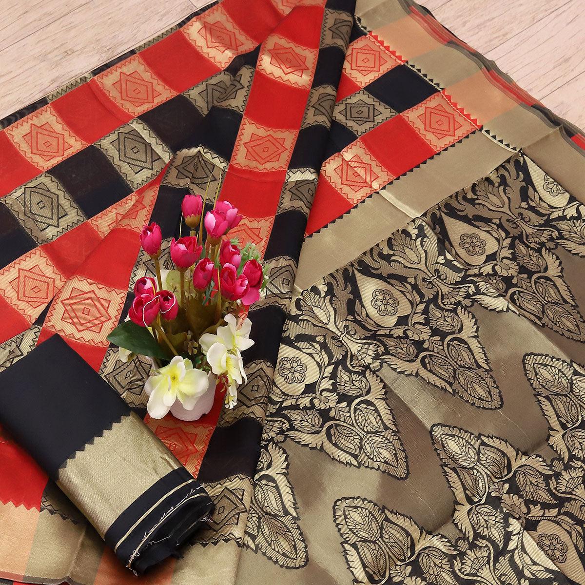 Imposing Black - Red Colored Festive Wear Woven Art Silk Saree - Peachmode