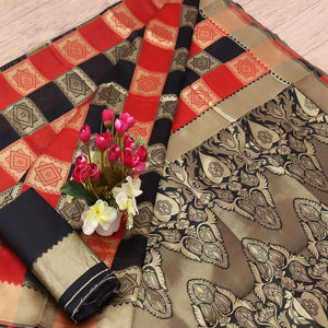 Imposing Black - Red Colored Festive Wear Woven Art Silk Saree - Peachmode