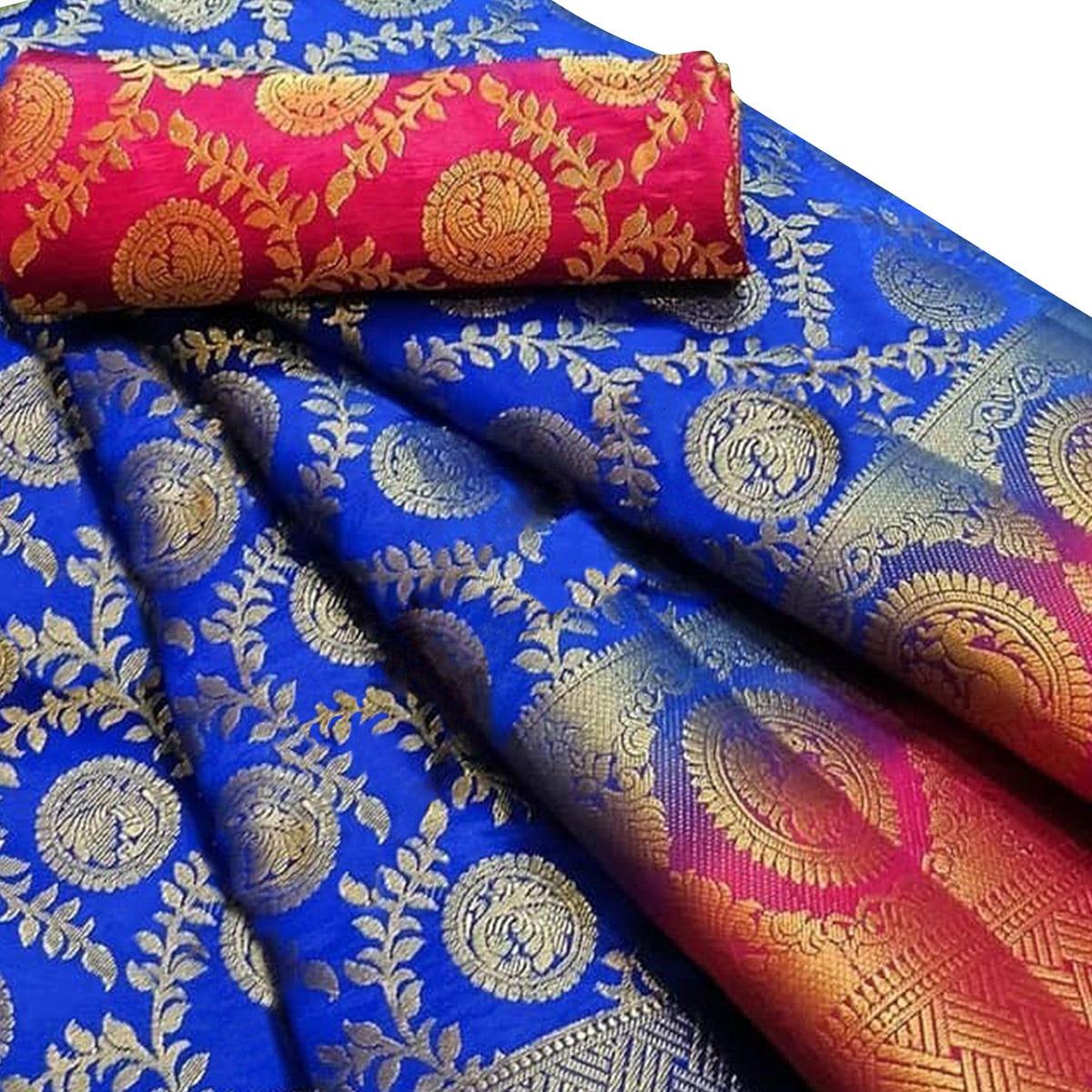 Imposing Blue Colored Festive Wear Woven Silk Blend Saree - Peachmode